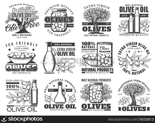 Olive oil, vector labels, olives farm products icons. Extra virgin olive oil in bottle and jug, pickled green and black olives, natural organic premium quality food. Olive tree products, extra virgin olive oil