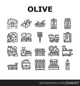 Olive Production And Harvesting Icons Set Vector. Olive Tree Cultivation And Berries Manual Harvest, Factory Shaker Table And Repository Industry Machine. Natural Food Black Contour Illustrations. Olive Production And Harvesting Icons Set Vector