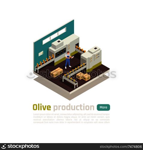 Olive production industry automated line isometric composition with filling sealing tin cans machine conveyor belt vector illustration