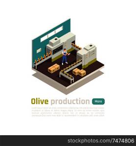Olive production industry automated line isometric composition with filling sealing tin cans machine conveyor belt vector illustration