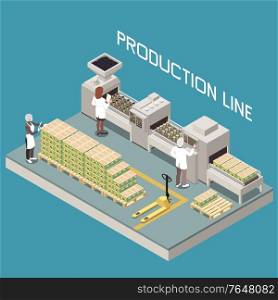 Olive production isometric composition with manufactory line and characters of human operators ready products with text vector illustration