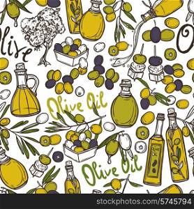 Olive seamless pattern with oil bottles organic food and plant branches vector illustration