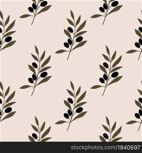 Olive tree branch with olives. Modern seamless pattern. Can be used for kitchen decor, packaging, textiles.