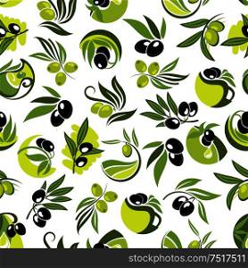 Olive tree branches with black and green olive fruits and jugs of organic olive oil seamless pattern over white background, decorated by floral swirls. Use as agriculture harvest theme or mediterranean cuisines design. Olive branches and jugs of oil seamless pattern
