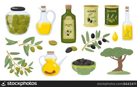 Olive vector illustration set. Black and green olive tree branches, glass bottle and jug of oil, bowl, jar and cans. Vector illustration for healthy food or cooking concept