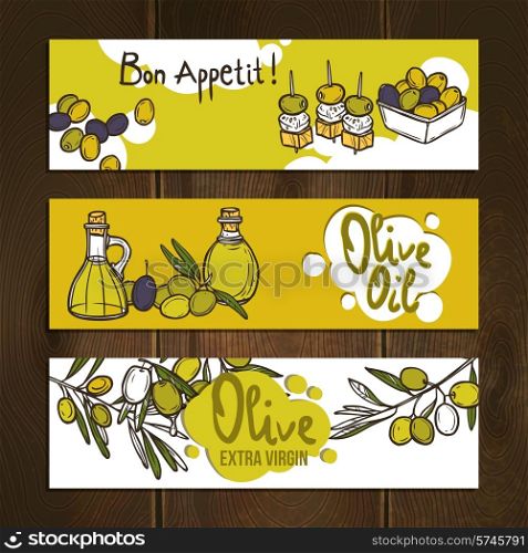 Olive vegetable and oil hand drawn horizontal banners set isolated vector illustration
