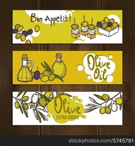 Olive vegetable and oil hand drawn horizontal banners set isolated vector illustration