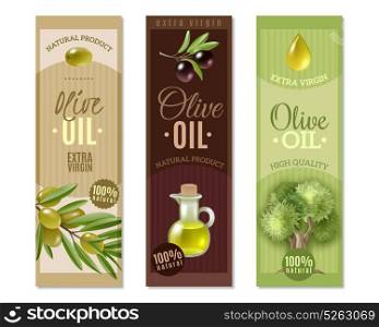 Olive Vertical Banners Set. Olive cartoon vertical banners set with oil symbols isolated vector illustration