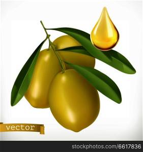 Olives and drop of oil. 3d realistic vector icon