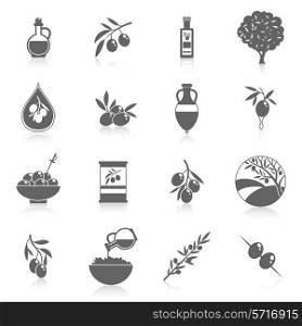 Olives black icons set with tree oil branch leaf isolated vector illustration