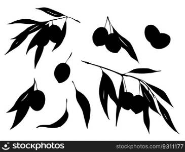 Olives branches silhouette set isolated on white background. Black and white food design elements vector illustration.