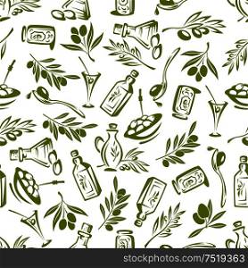 Olives branches with leaves and olive oil seamless background. Vector decor elements for wallpaper, kitchen tablecloth, wrapper, restaurant decoration. Olives branches and olive oil seamless wallpaper