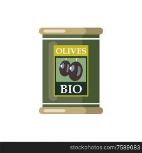 Olives. Canned. Tinned goods product stuff, preserved food, supplied in a sealed can. Isolated. Vector flat illustration