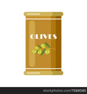 Olives. Canned. Tinned goods product stuff, preserved food, supplied in a sealed can. Isolated. Vector flat illustration