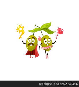 Olives cartoon characters man in cape and woman sorcerer and witch with magic heart with bow and star in hands isolated. Vector cute vegetable berries green olives emoticon, funny cut faces, leaves. Cartoon characters olives magicians boy and girl