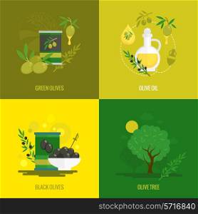 Olives flat icon set with green black oil and tree set isolated vector illustration