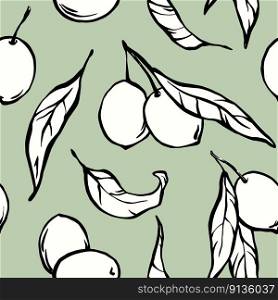 Olives hand drawn food seamless patten on green background. Doodle drawing of olives with leaves on light green background, pattern design for olive oil, natural cosmetics, wrapping, kitchen textile.