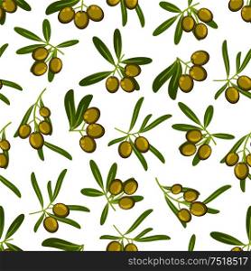 Olives seamless pattern background. Green olive branch with leaves vector icons. Italian and Greek cuisine element. Graphic design for wallpaper, kitchen, cafe, pizzeria, restaurant, menu. Olives seamless pattern background