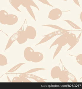 Olives silhouettes seamless patten. Olive branches leaves and berries beige botanical background design for wrapping paper, textile, package, natural cosmetics.