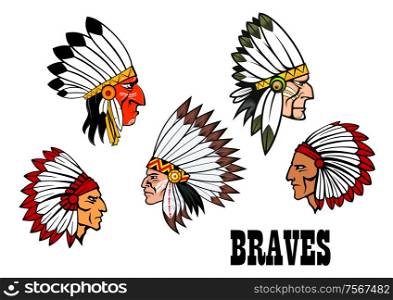 ?olorful cartoon native American Indian braves heads wearing feathered headdresses, side view in profile and text Braves. For american history, ethnic or thanksgiving design