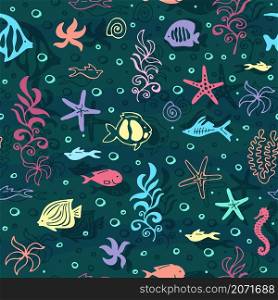 ?olorful sea backround with cartoon fishes. Seamless vector pattern. Hand drawing.