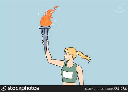 Olympic fire and flame concept. Young smiling girl athlete in sportswear holding olympic torch in raised hand over blue background vector illustration . Olympic fire and flame concept