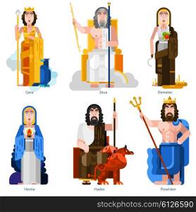 Olympic Gods Decorative Icons Set. Color olympic gods icons set in cartoon style on white background with gera zeus demeter hestia hades poseidon persons flat isolated vector illustration