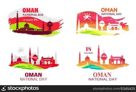 Oman National Day 18 November Vector Illustration. Oman national day held on 18 november, picture demonstrating mosques, titles and flags vector illustration isolated on white background