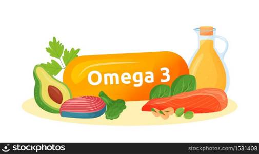 Omega 3 food sources cartoon vector illustration. Healthy fats in fish, avocado, nuts, oil flat color object. Polyunsaturated fatty acids for mental health isolated on white background. Omega 3 food sources cartoon vector illustration