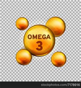 Omega 3. Vitamin drop, fish oil capsule, gold essence organic nutrition. Skin care advertising realistic vector product isolated healthy supplement yellow design. Omega 3. Vitamin drop, fish oil capsule, gold essence organic nutrition. Skin care advertising realistic vector product design
