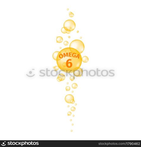 Omega 6 fatty acid balls. Fish oil capsules. Gold sparkling bubbles streaming. Food supplement for beauty and health. Vector realistic illustration.. Omega 6 fatty acid balls. Fish oil capsules. Gold sparkling bubbles streaming. Food supplement for beauty and health. Vector realistic illustration
