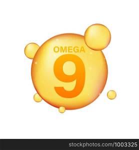 Omega 9 gold icon. Vitamin drop pill capsule. Shining golden essence droplet. Vector stock illustration.. Omega 9 gold icon. Vitamin drop pill capsule. Shining golden essence droplet. Vector illustration.