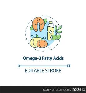 Omega three fatty acids concept icon. ADHD diet abstract idea thin line illustration. Maintaining healthy body. Essential fat consumption. Vector isolated outline color drawing. Editable stroke. Omega three fatty acids concept icon