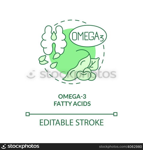 Omega three fatty acids green concept icon. Vegan lifestyle. Source of nutrients abstract idea thin line illustration. Isolated outline drawing. Editable stroke. Arial, Myriad Pro-Bold fonts used. Omega three fatty acids green concept icon