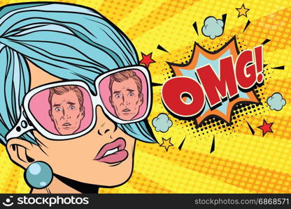 OMG Beautiful woman, the reflection of men in sunglasses. Pop art retro comic book vector illustration. OMG Beautiful woman, the reflection of men in sunglasses