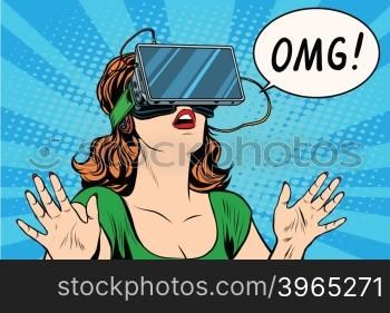 OMG emotions from virtual reality retro girl pop art retro vector. Woman using the virtual reality headset. vr glasses girl. OMG emotions from virtual reality retro girl