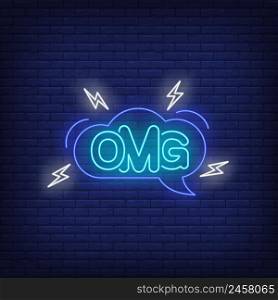 OMG neon lettering in speech bubble. Communication, conversation, message, chat design. Night bright neon sign, colorful billboard, light banner. Vector illustration in neon style.