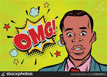 omg pop art African man surprise illustration. Comic text bubble. Human emotions. retro comic book vector illustration. omg pop art African man surprise illustration