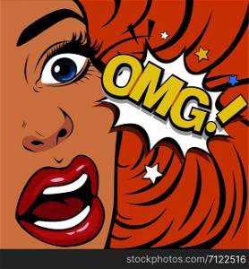 OMG the woman in shock. Emotions feelings of psychological stress. Beautiful girl upset that she had done. News and gossip. Vector Illustration in pop art retro comic style.