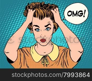 OMG the woman in shock pop art retro style. Emotions feelings of psychological stress. Beautiful girl upset that she had done. News and gossip. OMG the woman in shock