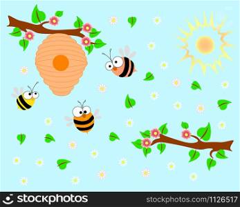 On a blue background are two branches of a tree, the sun, a hive, three bees and flowers.