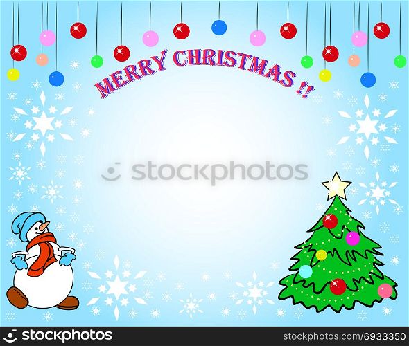 On a blue background is a Christmas tree, a snowman, an inscription-Merry Christmas, white snowflakes and Christmas toys.