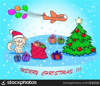 On a blue background with snow and snowflakes is a Christmas tree with toys, a cat, gifts and a plane with balloons.