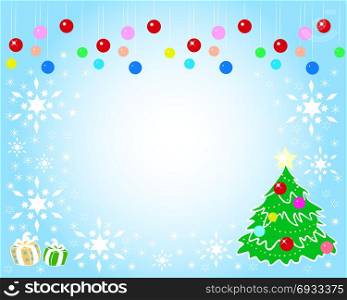 On a blue background with white snowflakes is a Christmas tree, gifts and toys.