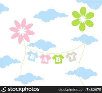 On a cord the children&rsquo;s clothes dry. A vector illustration