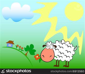 On a summer sunny field, a sheep chews a flower.