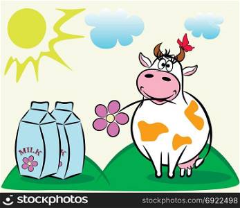 On a sunny meadow there is a cheerful cow with a flower in the teeth,near a two packets of milk.