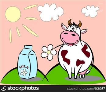 On a sunny meadow there is a cheerful cow with a flower in the teeth. Next a packet of milk.