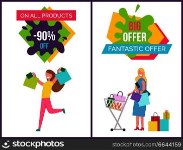 On all products -90  off, big and fantastic offer, set of posters with image of women and bags, cart and headlines vector illustration. On All Products -90  Off on Vector Illustration