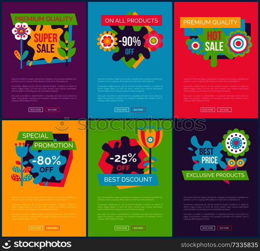 On all products 90 off total absolute final sale labels set of web banners with flower blossoms, summer or spring sale emblems vector online posters. All Products 90 Total Absolute Final Sale Labels